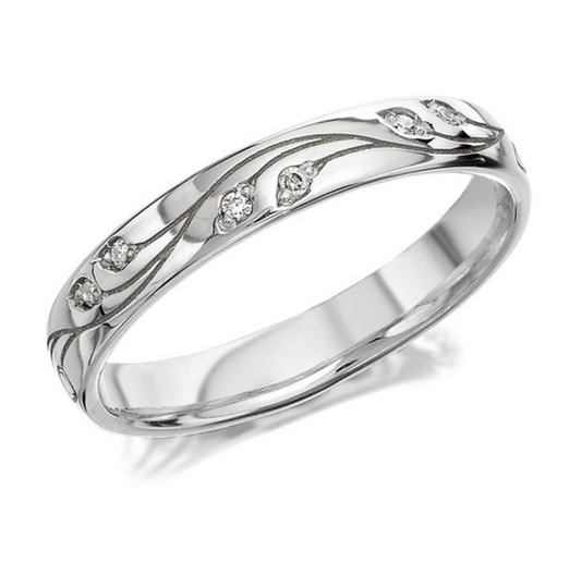 9ct White Gold Diamond Set Leaf Wedding Ring - 3mm